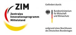 Zwei Logos: Logo ZIM Zentrales Innovationsprogramm Mittelstand und Logo Gefördert durch Bundesministerium für Wirtschaft und Klimaschutz aufgrund eines Beschlusses des Deutschen Bundestages