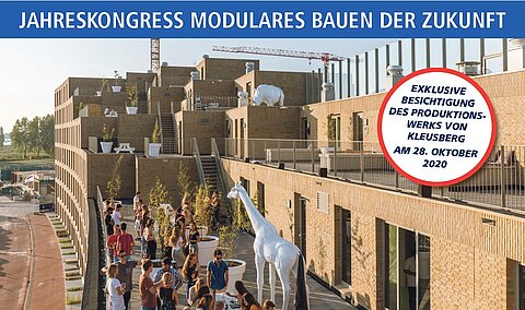 Jahreskongress modulares Bauen der Zukunft Jahreskongress modulares Bauen der Zukunft. Menschen stehen auf der Terrasse eines modular aufgebauten Gebäudes unter unterhalten sich.