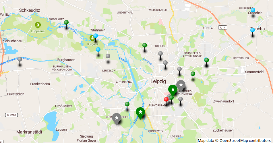 Screenshot einer Landkarte. Der Kartenausschnitt zeigt die Stadt Leipzig und Umgebung. Auf der Karte sind Marker platziert, die die Exkursionsziele und weitere, thematisch interessante Orte und Projekte kennzeichnen.